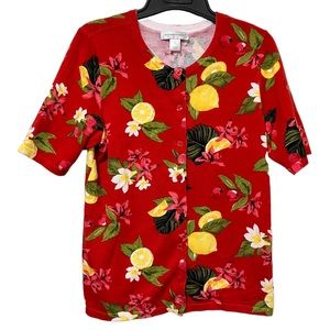 Christopher & Banks Cardigan Button Down Short Sleeves Sweater  Floral & Lemons